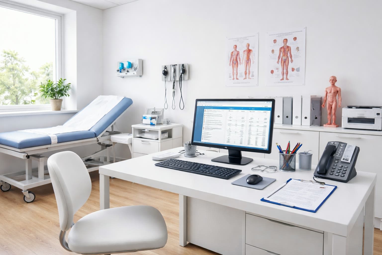 Mitarbeitende einer Arztpraxis stimmen den zuverlässigen Betrieb von Fachanwendungen, Arbeitsplätzen und Praxisnetzwerk ab.