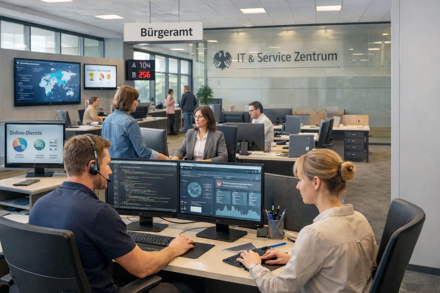 Mitarbeitende einer öffentlichen Einrichtung koordinieren den Betrieb von Fachanwendungen und Infrastruktur.