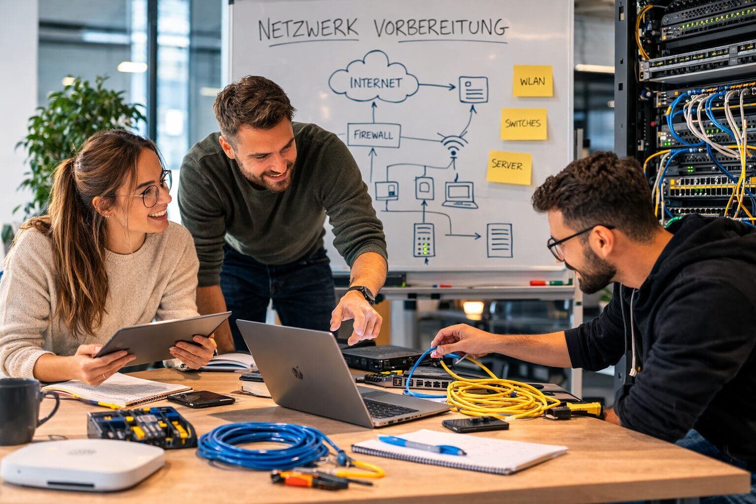 IT-Team bespricht die Betreuung von Arbeitsplätzen und Netzwerken in einem mittelständischen Unternehmen.