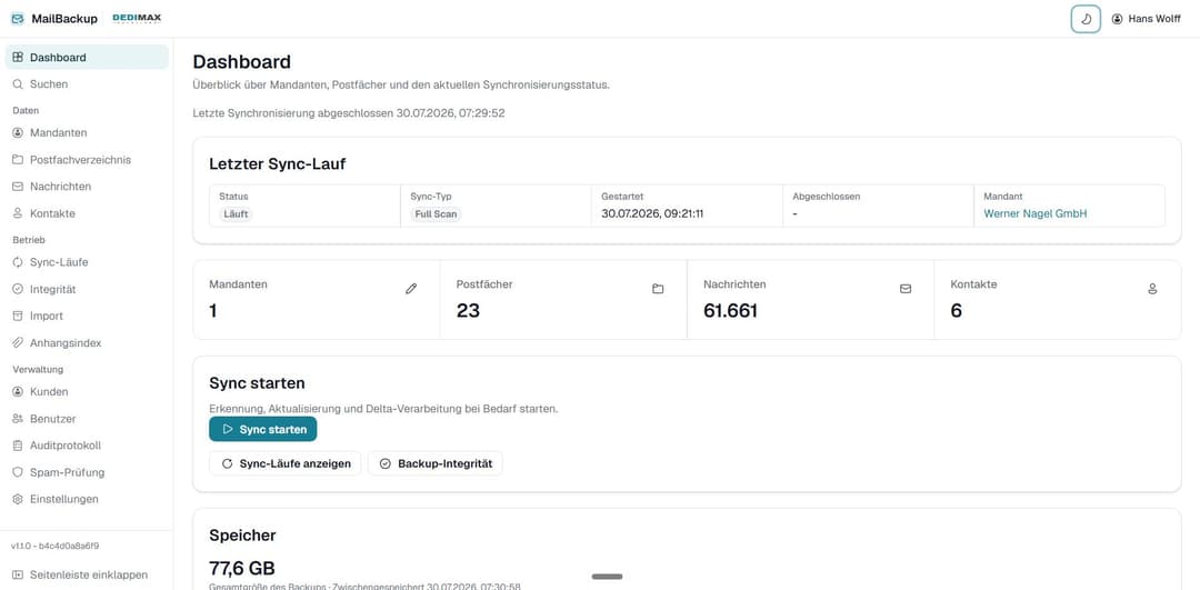 MailBackup Web-Oberfläche – Dashboard mit Sync-Status und Speicherübersicht
