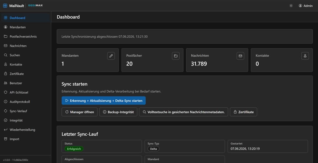 MailVault Web-Oberfläche – E-Mail-Backup-Übersicht